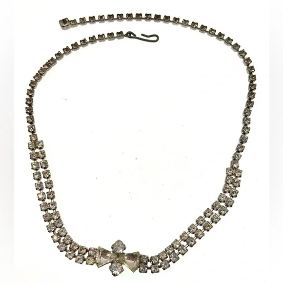 VTG 1950s Rhinestone Necklace Silver Tone Bow Design Bridal Prom Statement MCM - Picture 1 of 5